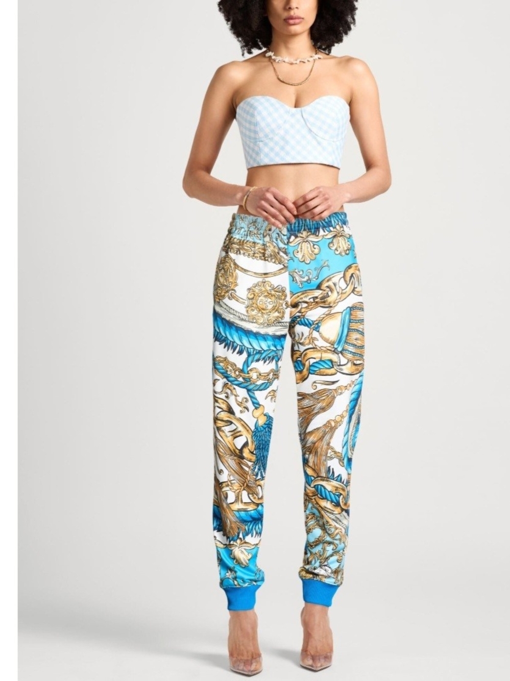 Moschino Aqua, White & Gold Baroque Print Jogger Pants